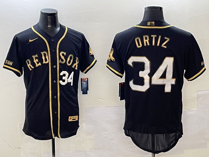 Men Boston Red Sox 34 Ortiz Black Gold three generations Elite 2025 Nike MLB Jersey style 2